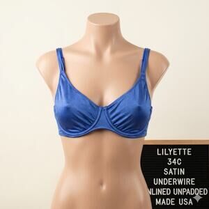 VTG Lilyette 34C Bra Royal Blue Satin Second Skin Unlined Made in USA Retro